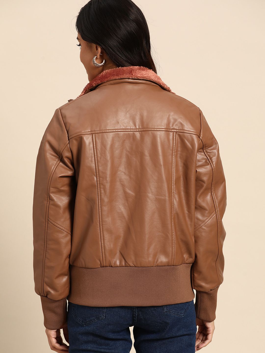 all about you Women Brown Faux Leather Bomber Jacket