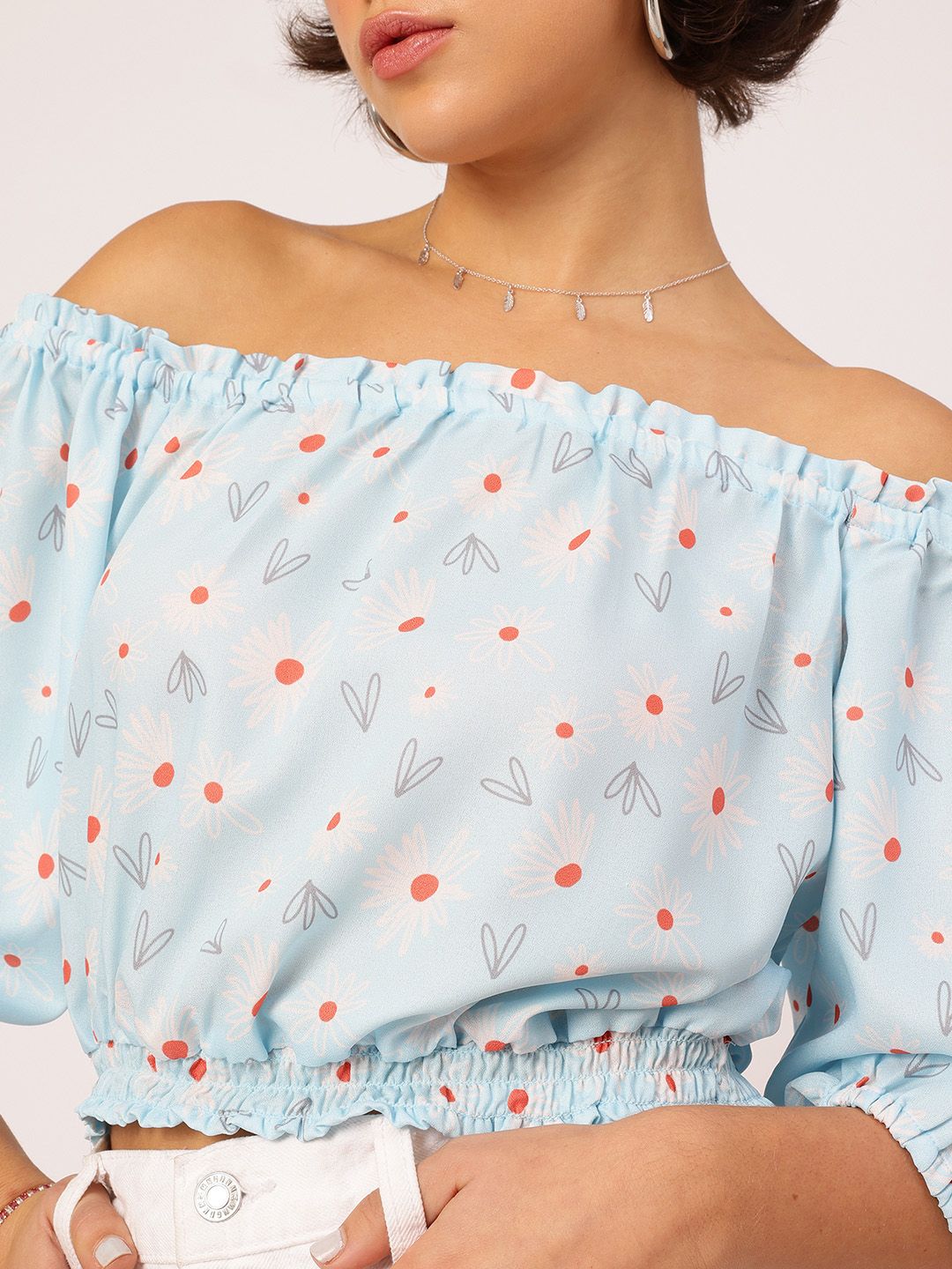 DressBerry Daisy Dreams Printed Off-Shoulder Blouson Crop Top