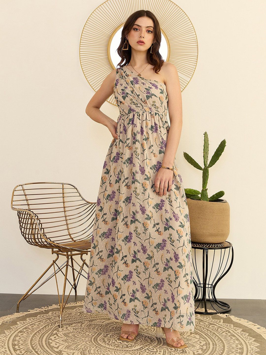Berrylush Beige Floral Printed One Shoulder Flared Maxi Dress