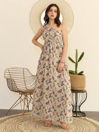 Berrylush Beige Floral Printed One Shoulder Flared Maxi Dress
