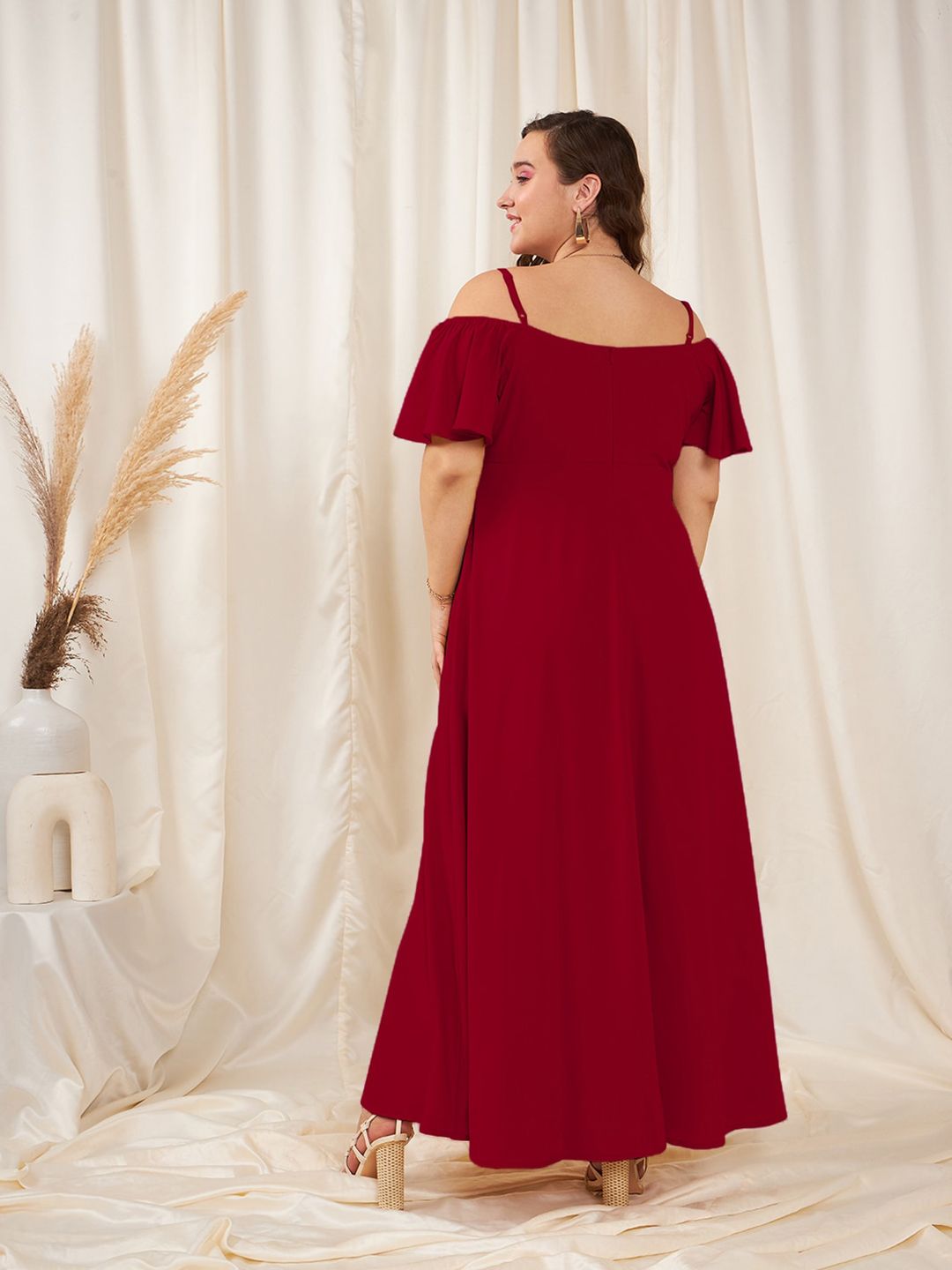 Berrylush Curve Red Plus Size Shoulder Straps Cold Shoulder Sleeves Maxi Dress