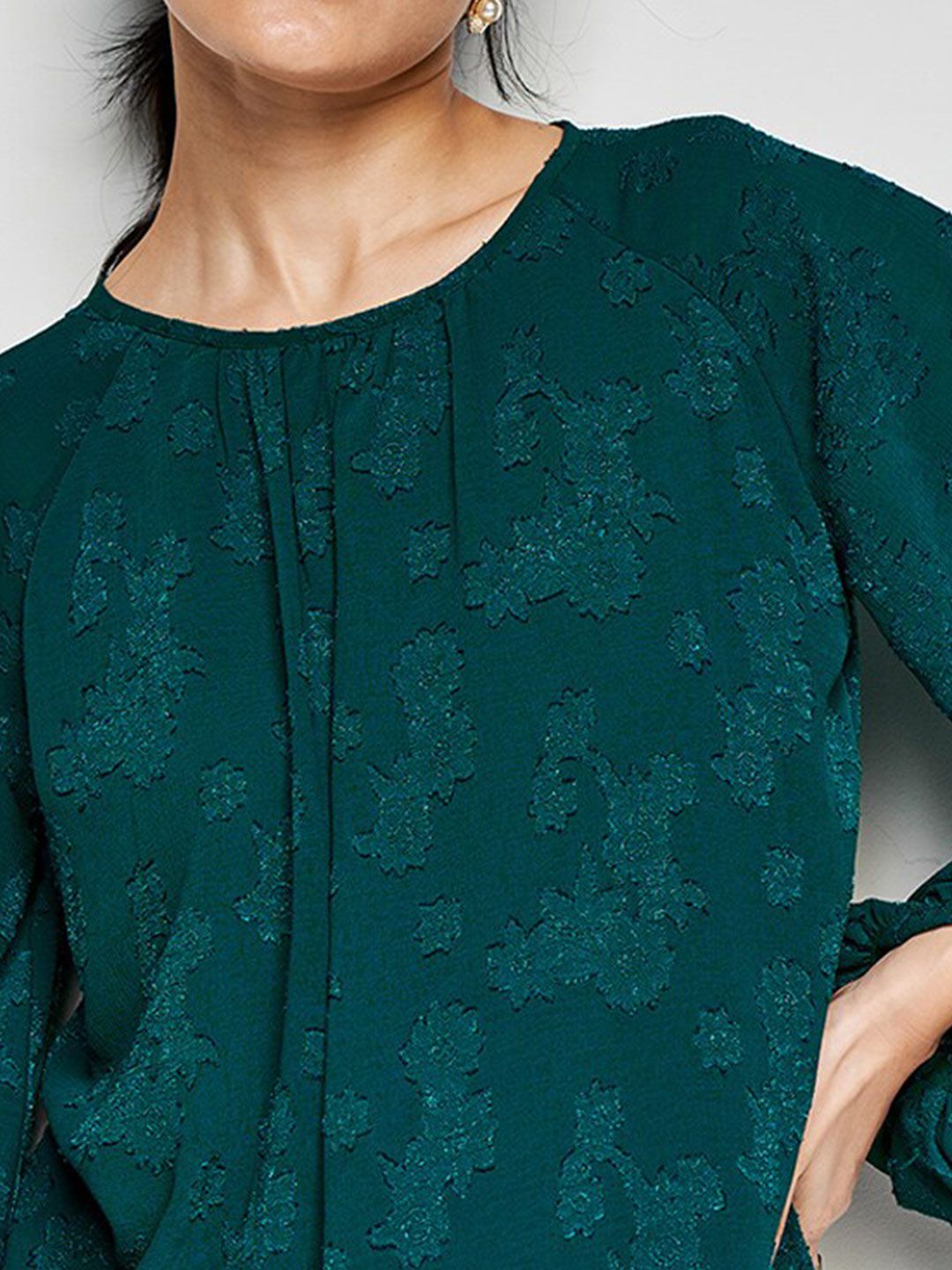 AND Floral Print Round Neck Puff Sleeves Opaque Casual Top