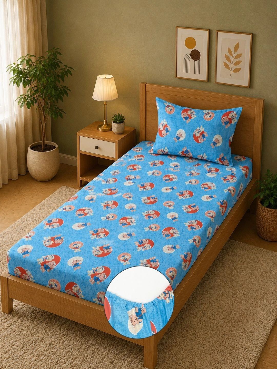 Moda Rapido X KLOTTHE Blue Cartoon Characters 400 TC Single Bedsheet with 1 Pillow Covers