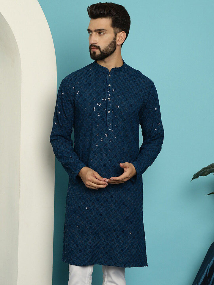 SOJANYA Embellished Pure Cotton Mandarin Collar Straight Kurta