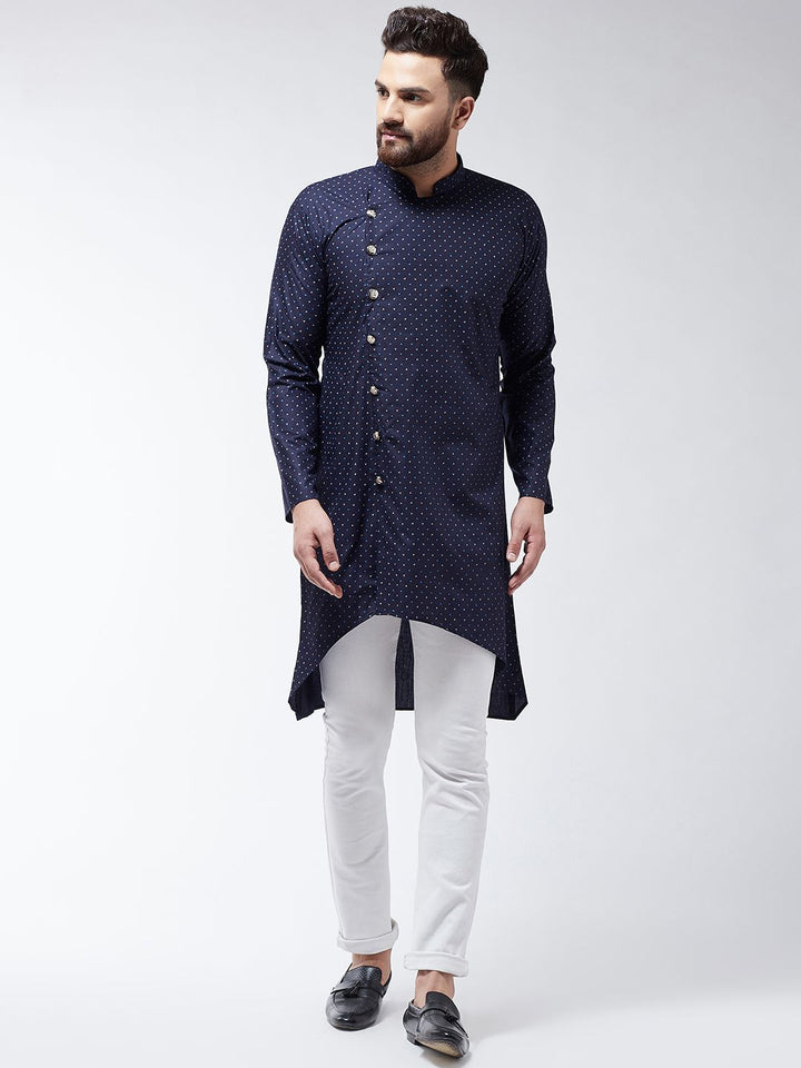 SOJANYA Lelaki Navy Blue Printed Cotton Linen Kurta Lurus