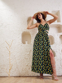 Berrylush Black Converstional Printed Halter Neck Tie Up Crepe A-Line Dress