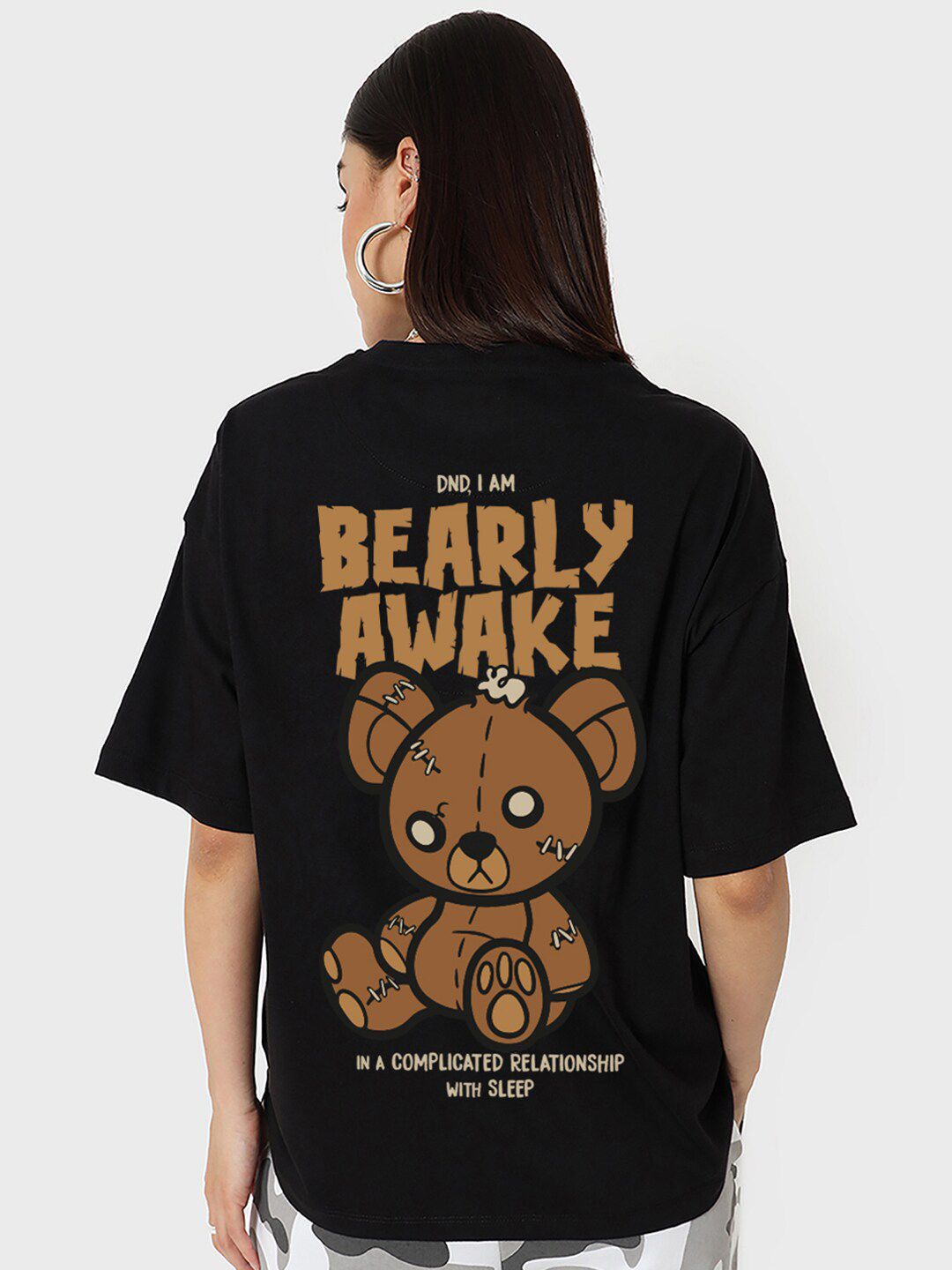 Bewakoof Black Bearly Awake Graphic Printed Round Neck Cotton Oversized T-shirt