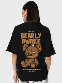 Bewakoof Black Bearly Awake Graphic Printed Round Neck Cotton Oversized T-shirt
