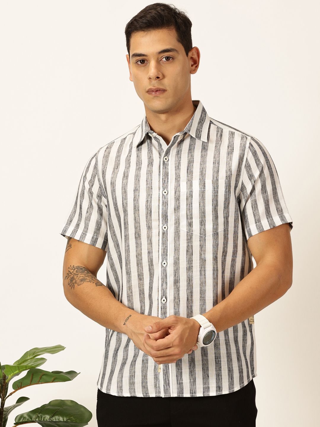 Thomas Scott Men Premium Vertical Stripes Cotton & Linen Casual Shirt