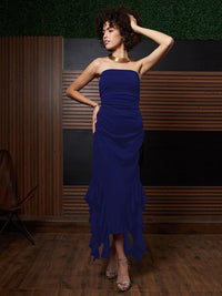 Athena Blue Ruffled Strapless Asymmetric Hem Maxi Dress