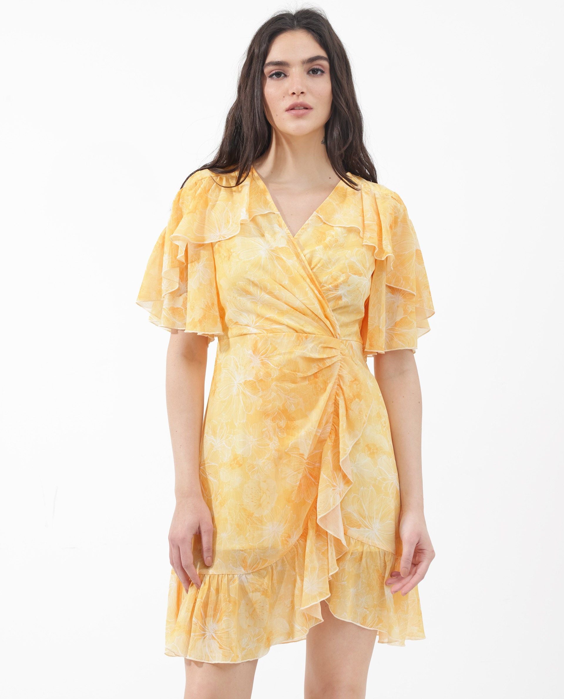 RAREISM Floral Printed Flared Sleeves Wrap Dress