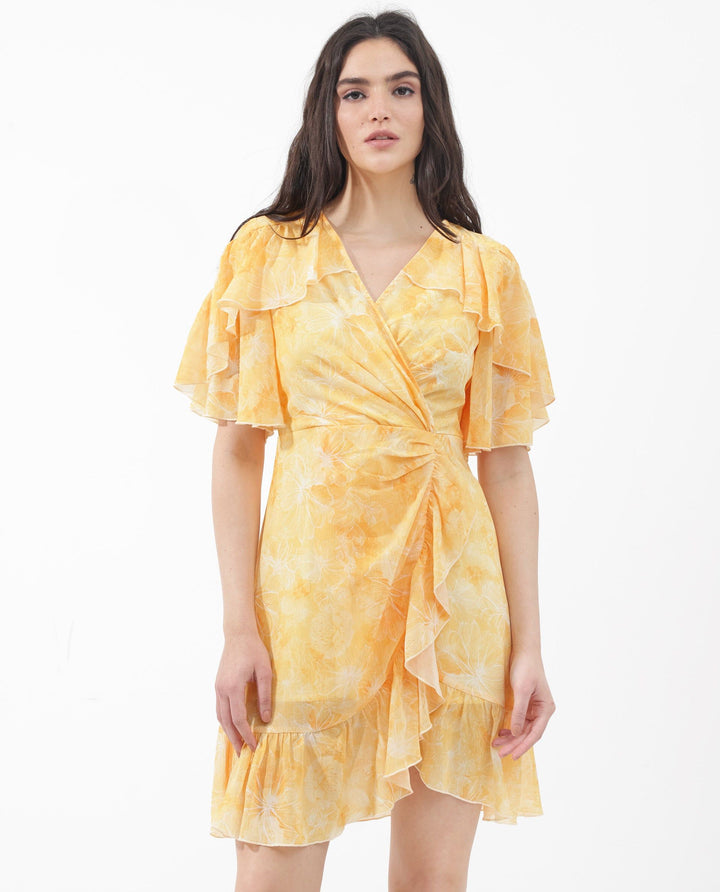RAREISM Floral Printed Flared Sleeves Wrap Dress