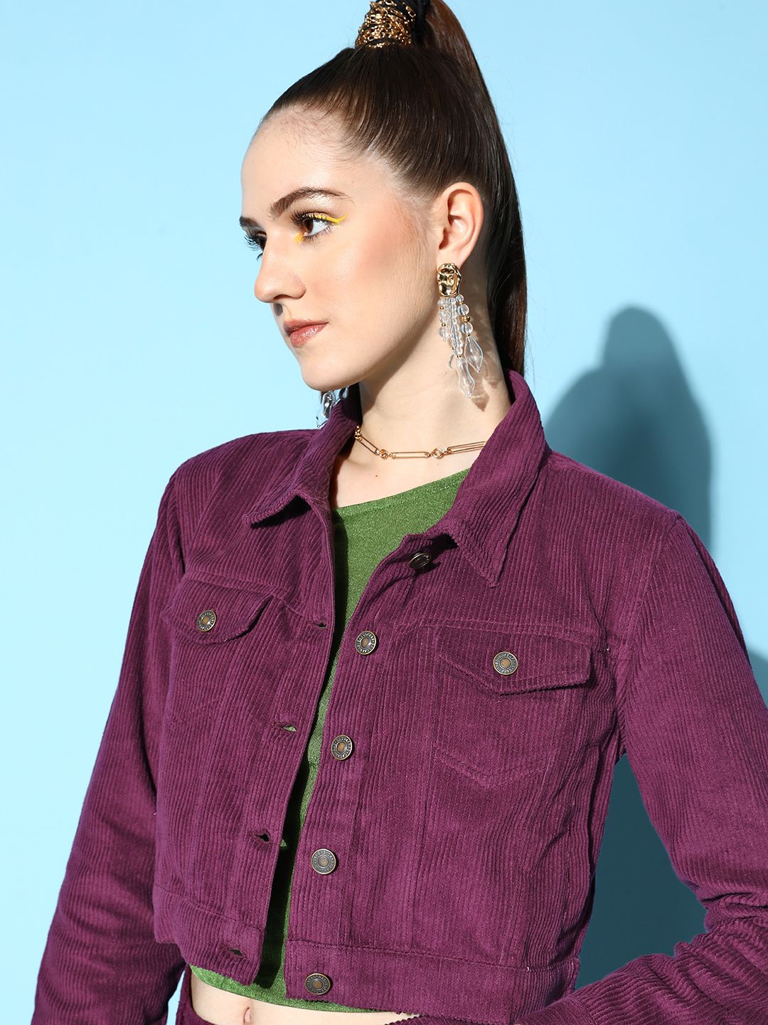 SASSAFRAS Women  Purple Solid Corduroy Jacket