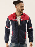 Campus Sutra Men Navy Blue & Red Colourblocked Windcheater Outdoor Biker Jacket