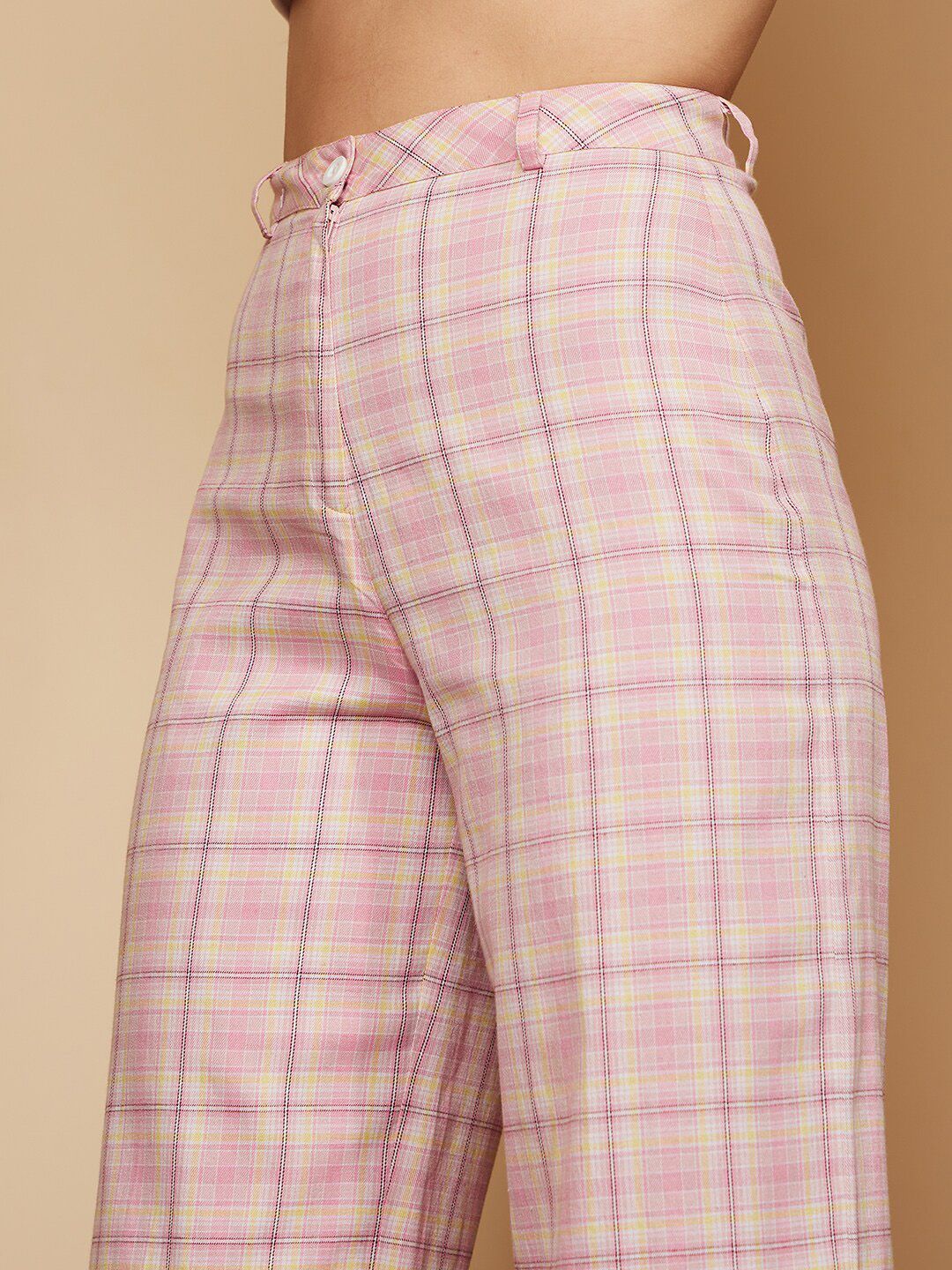 Berrylush Pink Checked Relaxed High-Rise Trousers