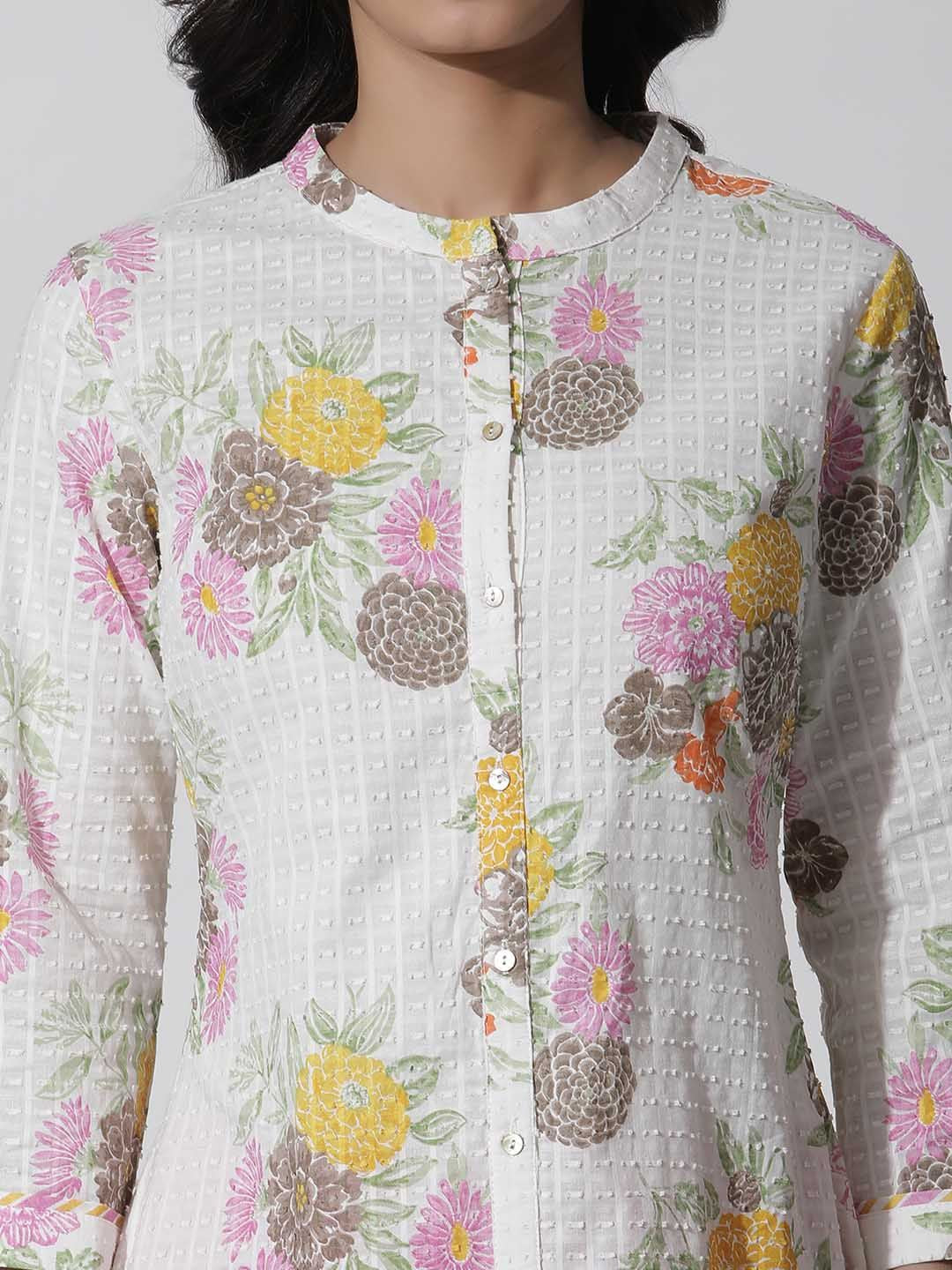 W White Floral Printed Cotton Kurta