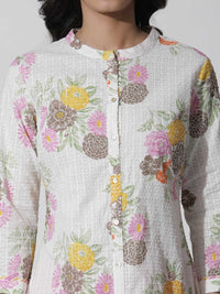 W White Floral Printed Cotton Kurta