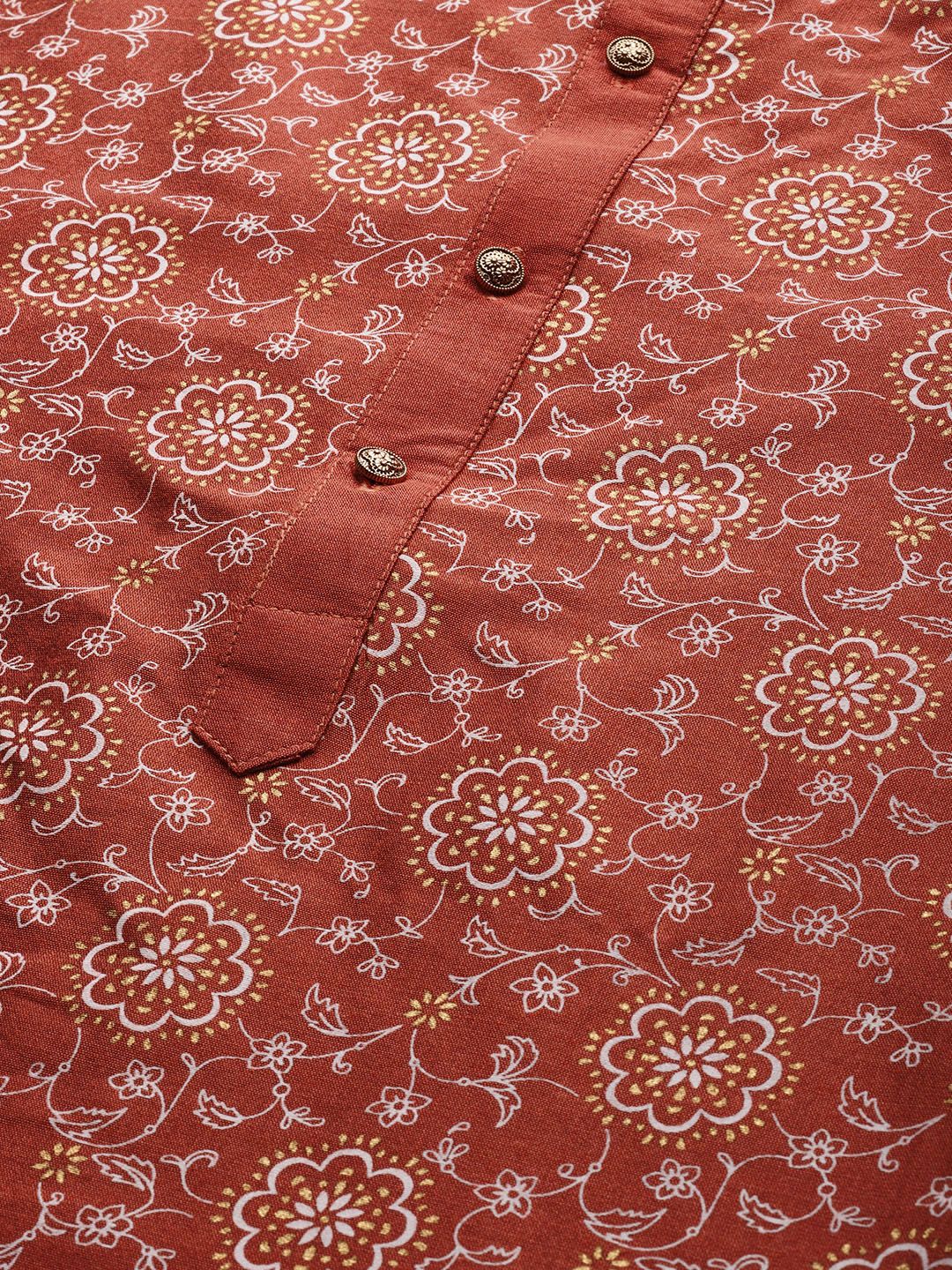 House of Pataudi Men Rust Red & White Printed Straight Kurta