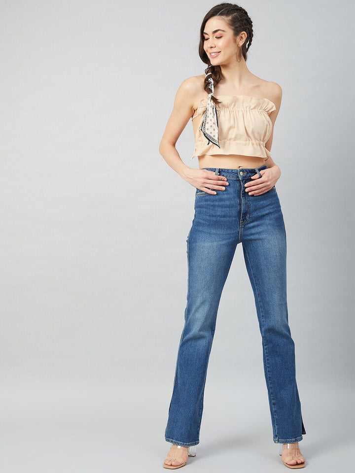 Athena Women Beige Ruched Tube Crop Top