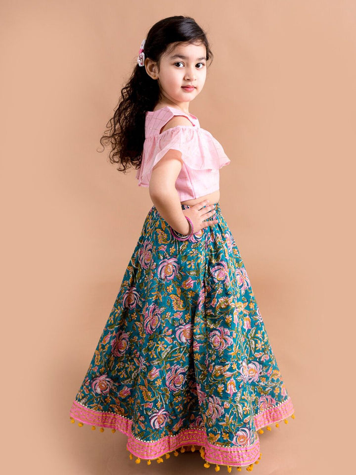 pspeaches Girls Blue & Pink Ready to Wear Lehenga & Blouse With Dupatta