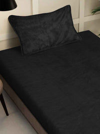 KLOTTHE Black Solid Fitted 300 TC Woolen Single Bedsheet with 1 Pillow Cover