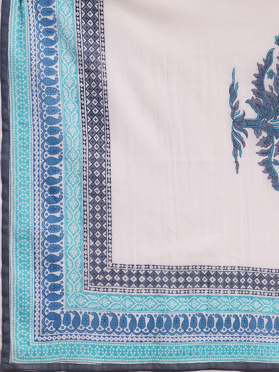 Libas biru & putih bercetak v-neck kurta kapas tulen dengan seluar & dupatta