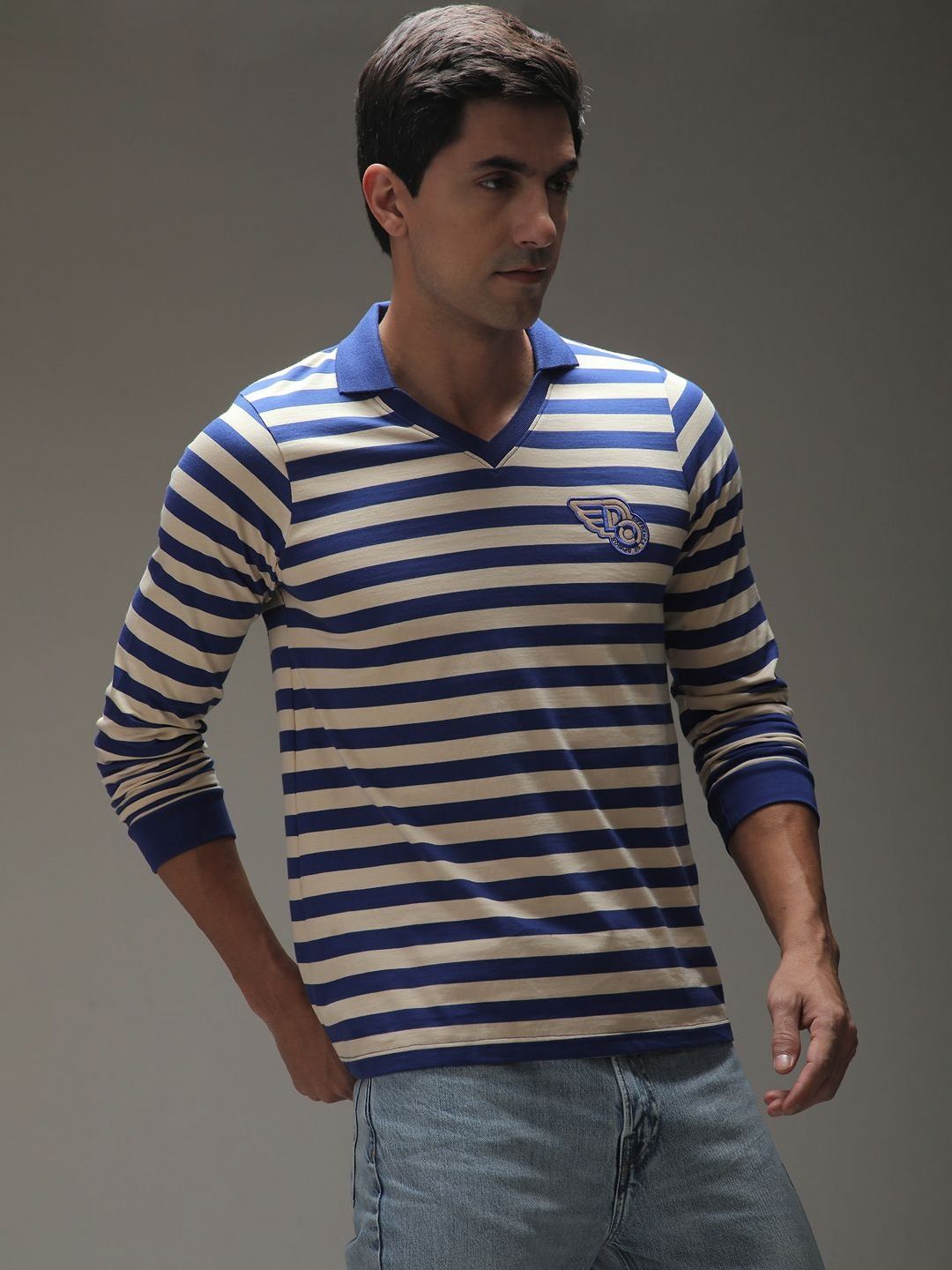 Difference of Opinion Men Striped Polo Collar Cotton T-shirt
