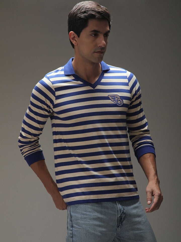 Difference of Opinion Men Striped Polo Collar Cotton T-shirt