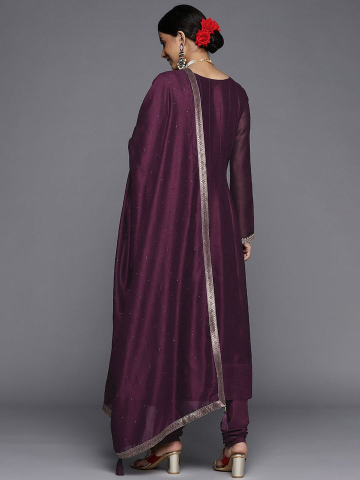 Libas Women Burgundy Floral Motifs Embroidered Sequinned Kurta with Churidar & Dupatta