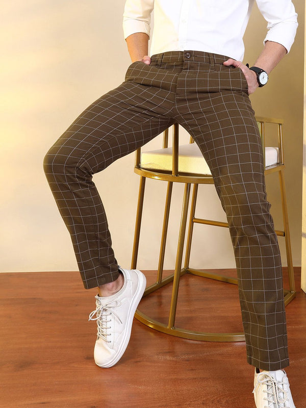 The Indian Garage Co Men Brown Slim Fit Checked Regular Trousers