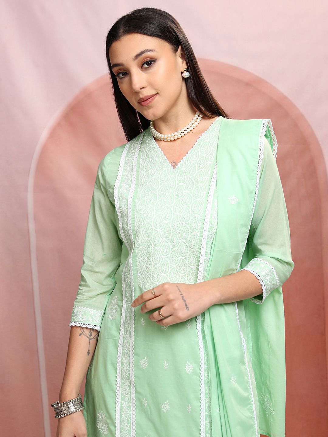 Vishudh Floral Embroidered Pure Cotton Straight Kurta with Trousers & With Dupatta