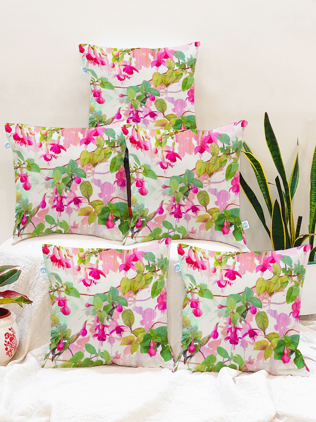 STITCHNEST Green & Pink Set of 5 Floral Square Cushion Covers