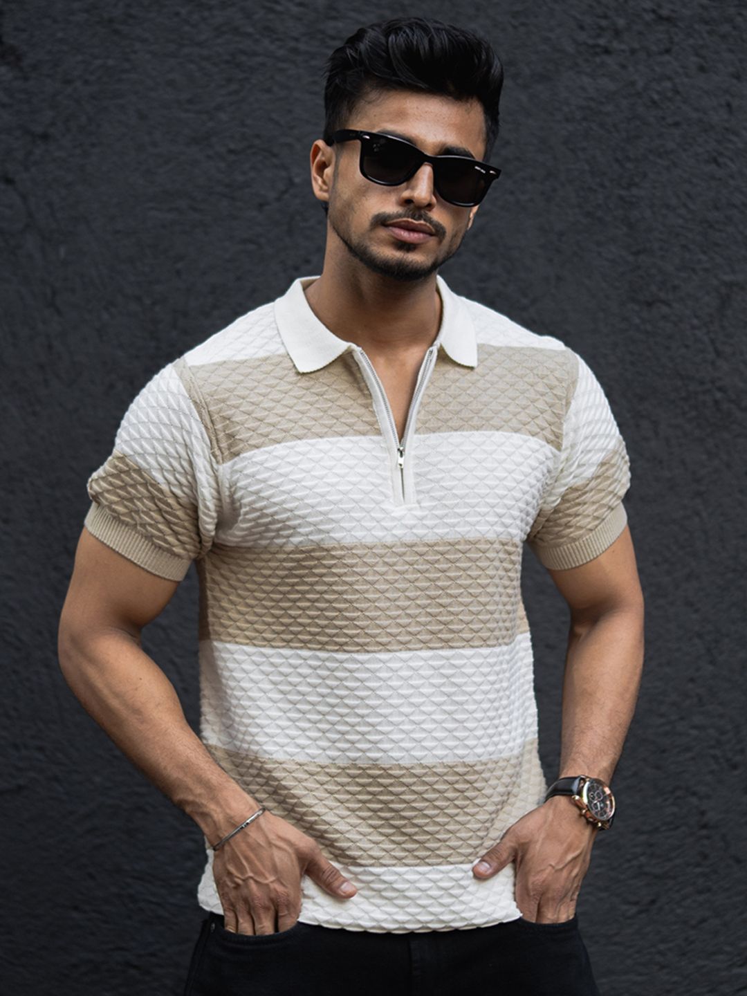 Powerlook Men Striped Polo Collar Cotton T-shirt