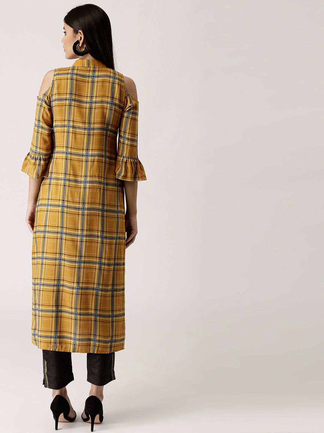 Libas Women Mustard Yellow & Blue Checked Cold-Shoulder Straight Kurta