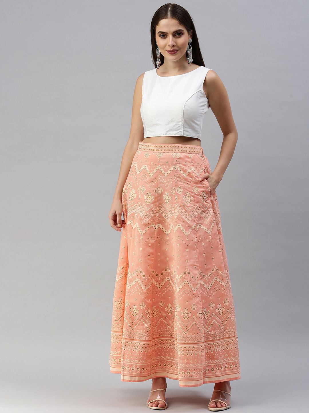 Global Desi Women Peach & Off White Printed Paneled Flared Skirt
