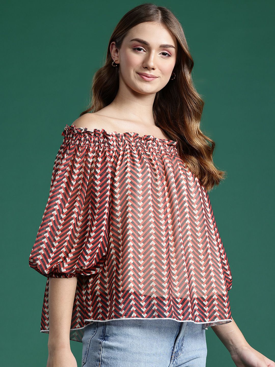 DressBerry Chevron Print Off-Shoulder Bardot Top
