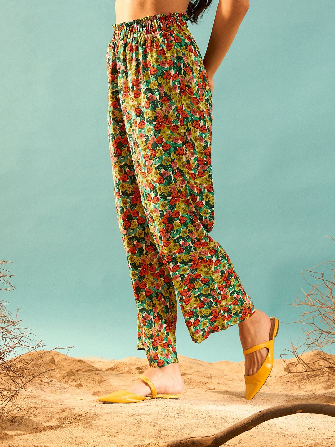 Berrylush Women Floral Printed Relaxed Straight Leg Regular Fit High-Rise Plain Trousers