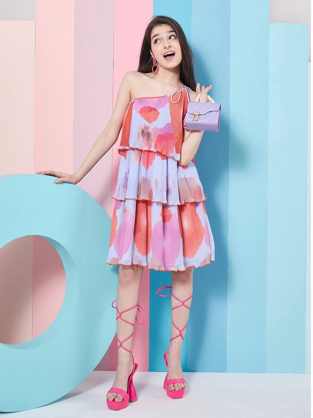 pspeaches Girls Abstract Printed One Shoulder Georgette A-Line Dress