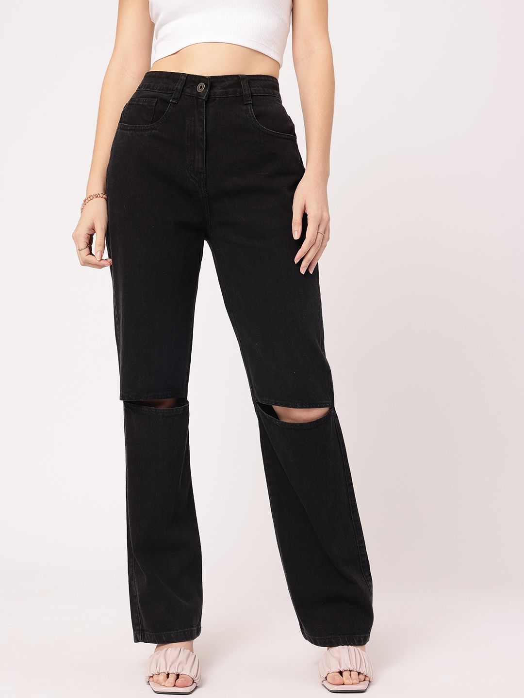 DressBerry Women Rebel Slash Knee Straight Fit Pure Cotton Jeans
