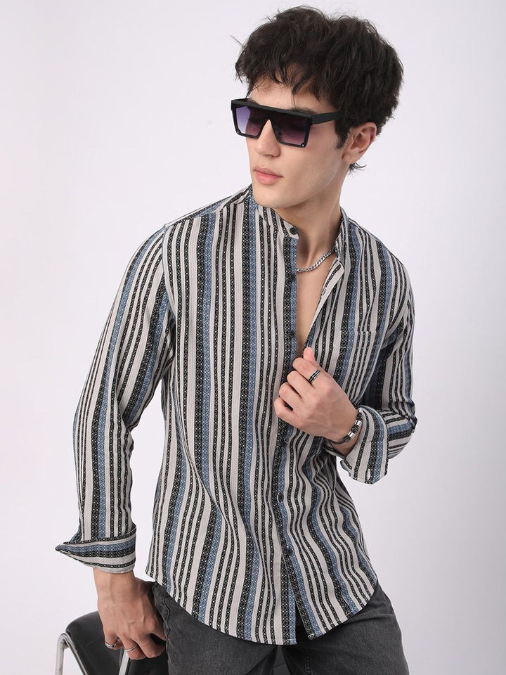 VASTRADO Men Classic Mandarin Collar Multi Striped Cotton Slim Fit Casual Shirt