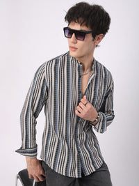 VASTRADO Men Classic Mandarin Collar Multi Striped Cotton Slim Fit Casual Shirt