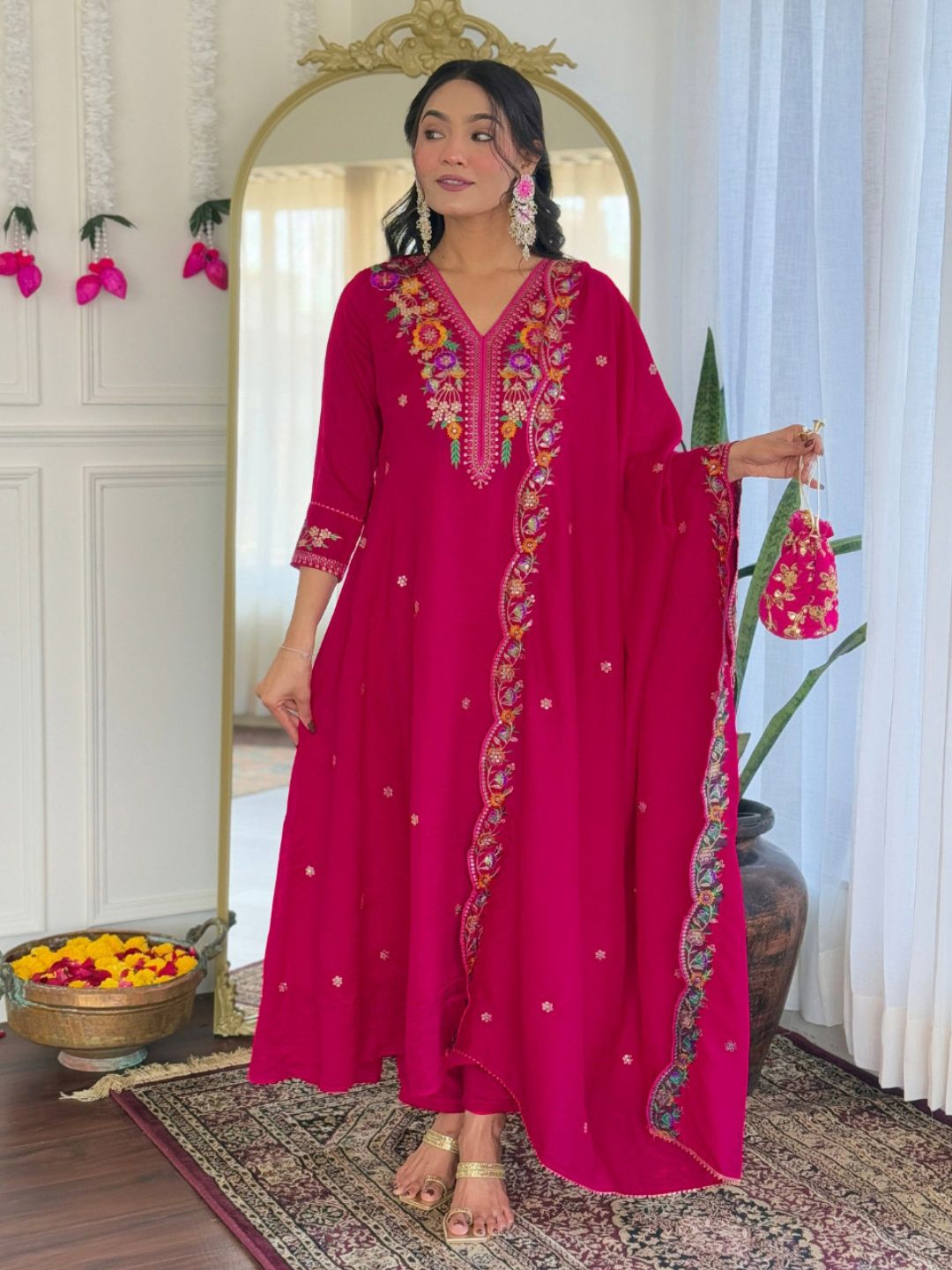 KALINI Women Floral Embroidered Regular Thread Work Kurta with Trousers & With Dupatta