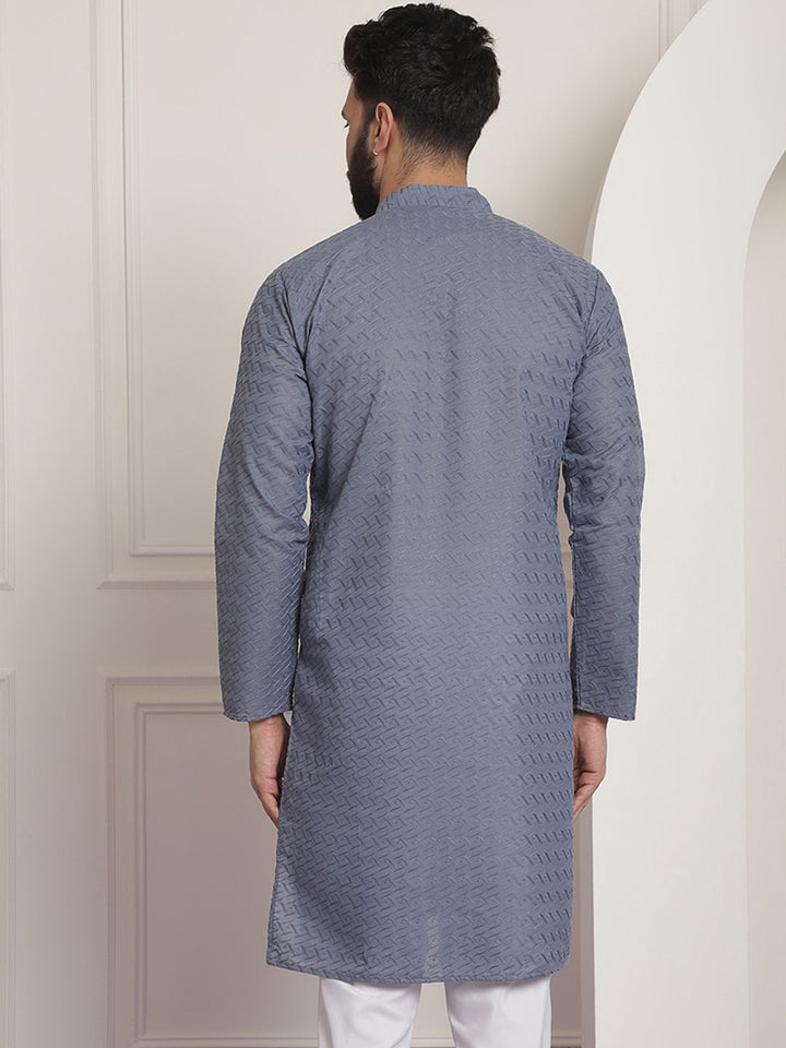 SOJANYA Men Grey Ethnic Motifs Embroidered Cotton Straight Kurta
