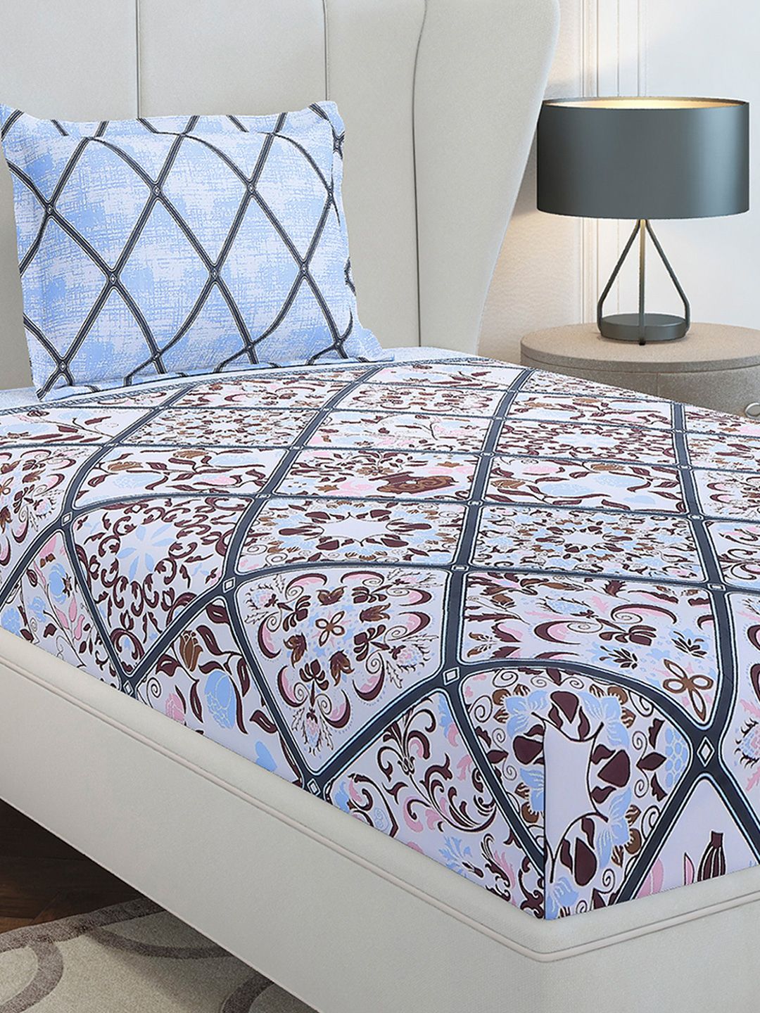 Monte Carlo Blue & Pink Floral Printed Cotton 144 TC Single Bedsheet Set 2.29 m x 1.52 m