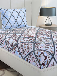 Monte Carlo Blue & Pink Floral Printed Cotton 144 TC Single Bedsheet Set 2.29 m x 1.52 m