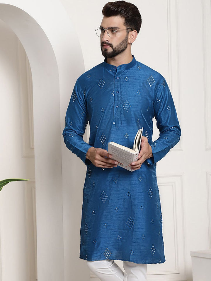 SOJANYA Embellished Mirror Work Detailed Band Collar Cotton Silk Kurta