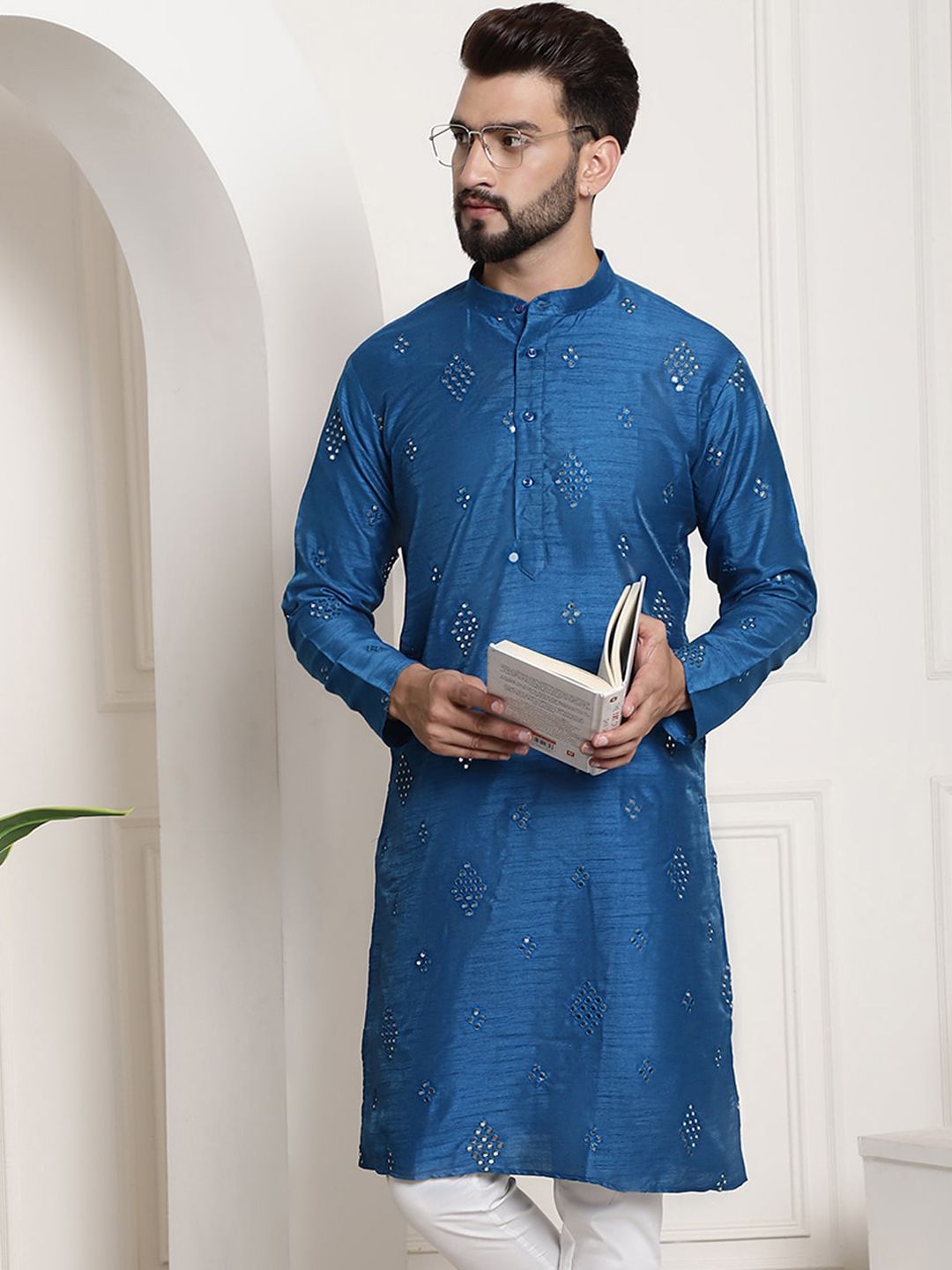 SOJANYA Embellished Mirror Work Detailed Band Collar Cotton Silk Kurta