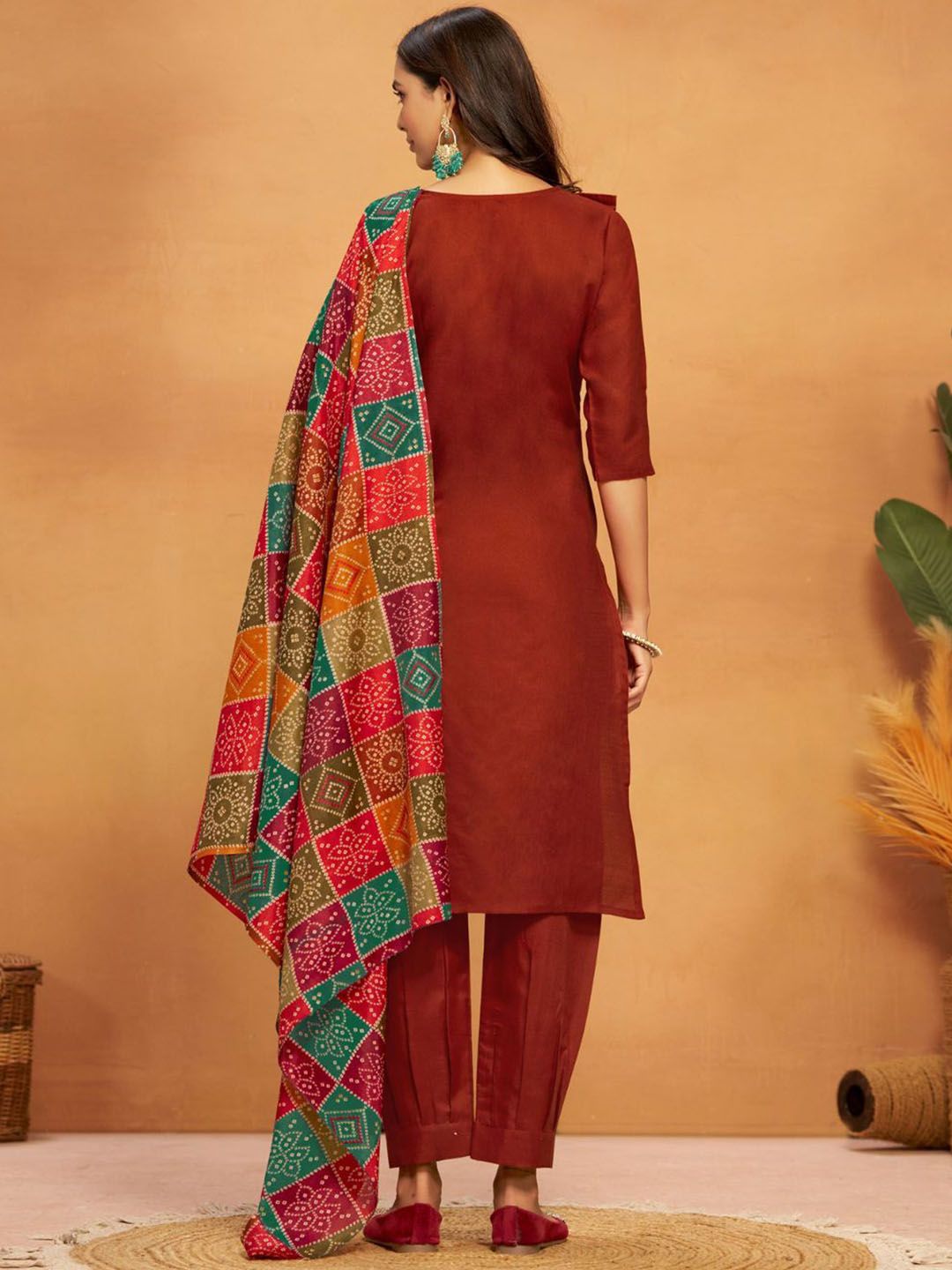 KALINI Ethnic Motifs Yoke Design Regular Thread Work Straight Kurta With Salwar & Dupatta