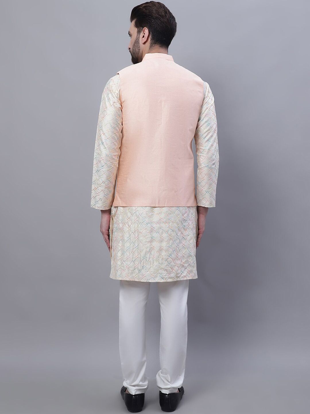 SOJANYA Embroidered Mandarin Collar Kurta with Churidar & Nahru Jacket