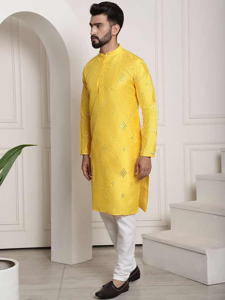SOJANYA Geometric Embroidered Mirror Work Mandarin Collar Regular Kurta With Pyjama